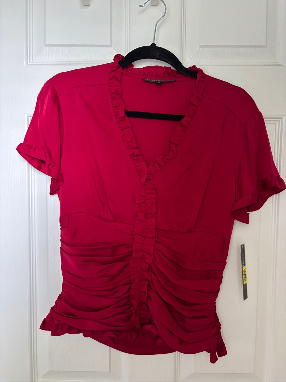 ANTONIO MELANI Wine Red Ruffled V-Neck Short Sleeve Blouse